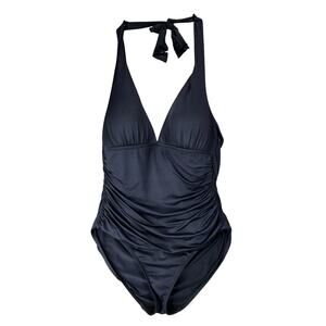 Lauren Ralph Lauren One Piece‎ SwimSuit sz 10 Women Halter Ruched Front Black